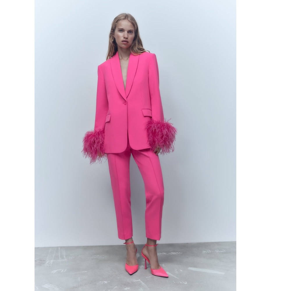 BLOGGERS FAVORITE! ZARA BLAZER WITH FEATHERS HOT PINK AND PANT. Both M